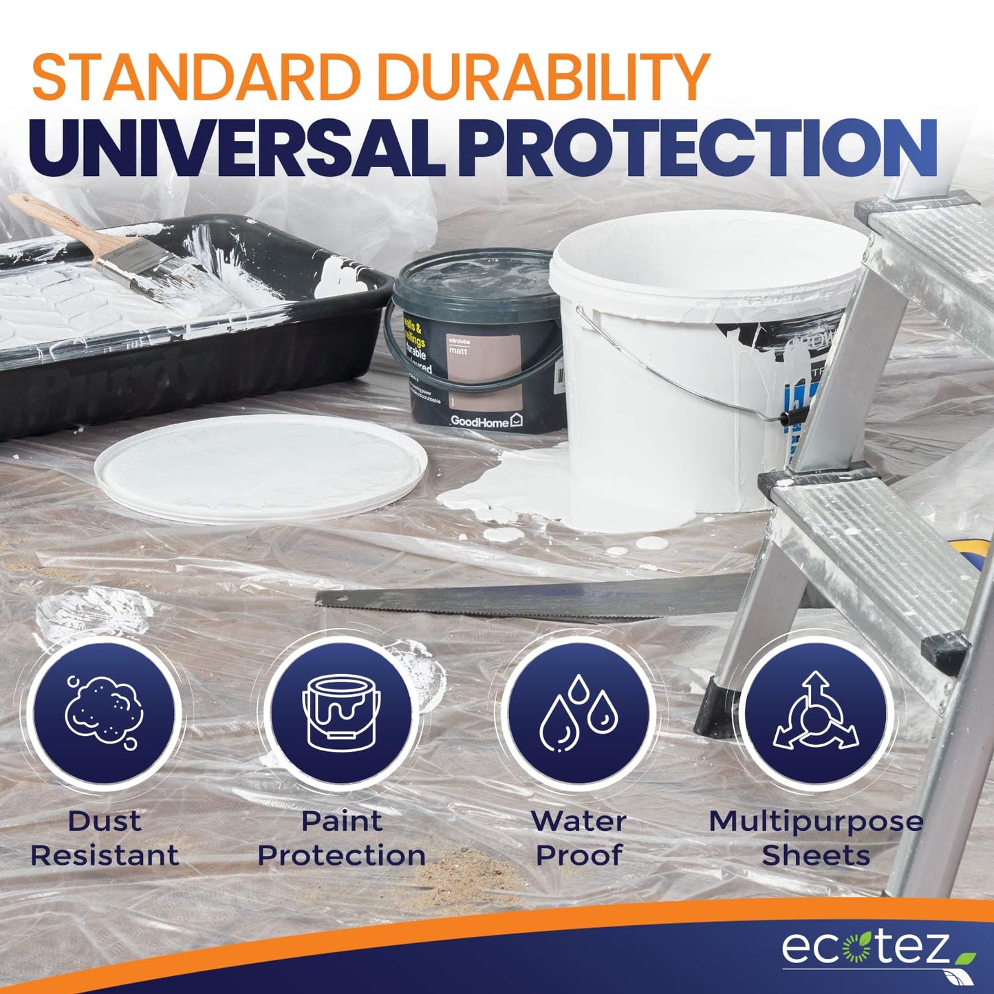 Ecotez Extra Large Painter's Drop Cloth - 12 x 9 ft Clear Plastic Sheet - Paint Drop Cloth & Floor Protector - Pack 6