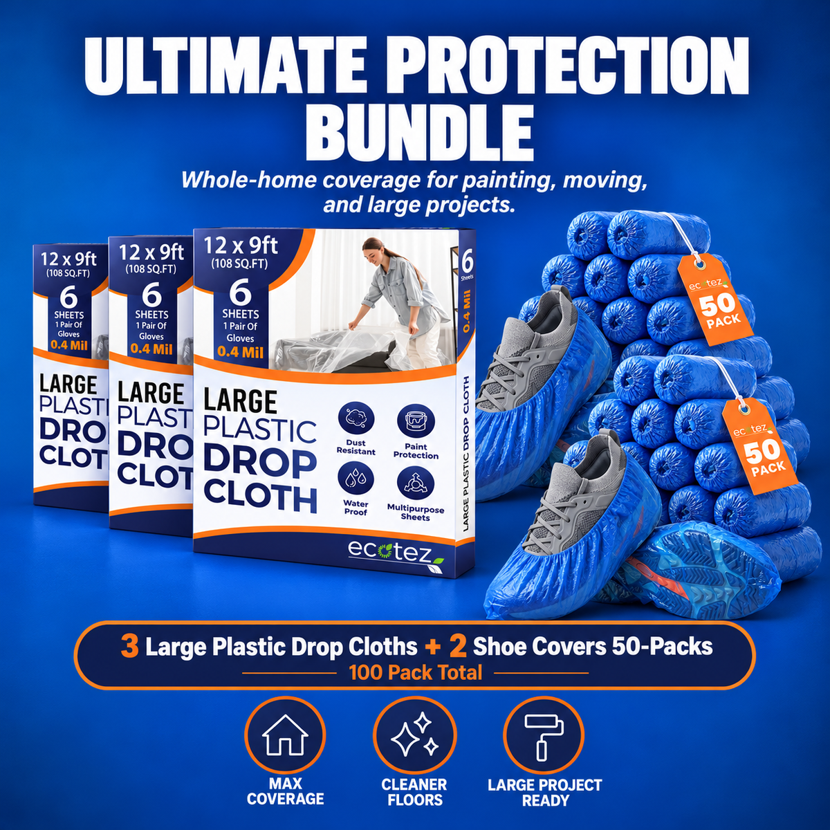 Whole-Home & Large Projects Drop Cloth (18 Sheets) Shoe Covers (100 Pack total)