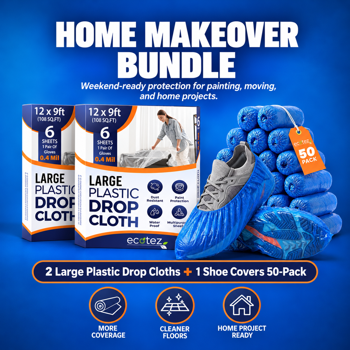 Home Makeover Weekend Renovation Projects Drop Cloth (12 Sheets) Shoe Covers (50 Pack)
