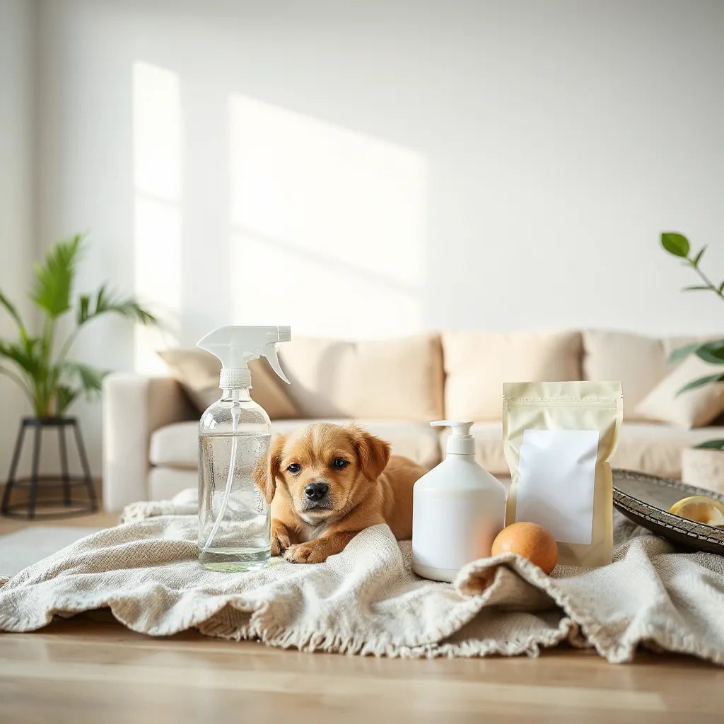 Pet resting in a clean living room with natural protective supplies nearby for chemical-free home care
