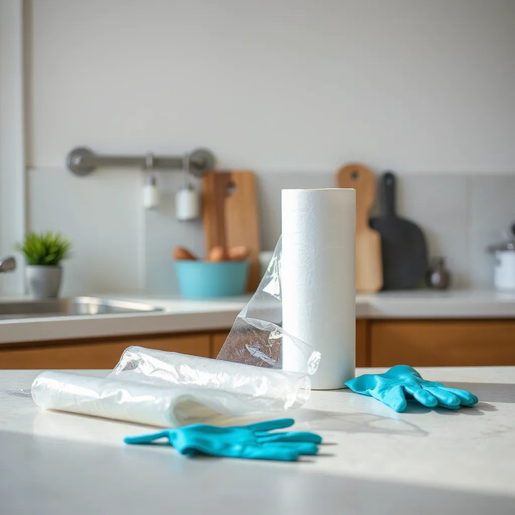 Clear disposable plastic sheet unrolled on a kitchen counter with gloves nearby