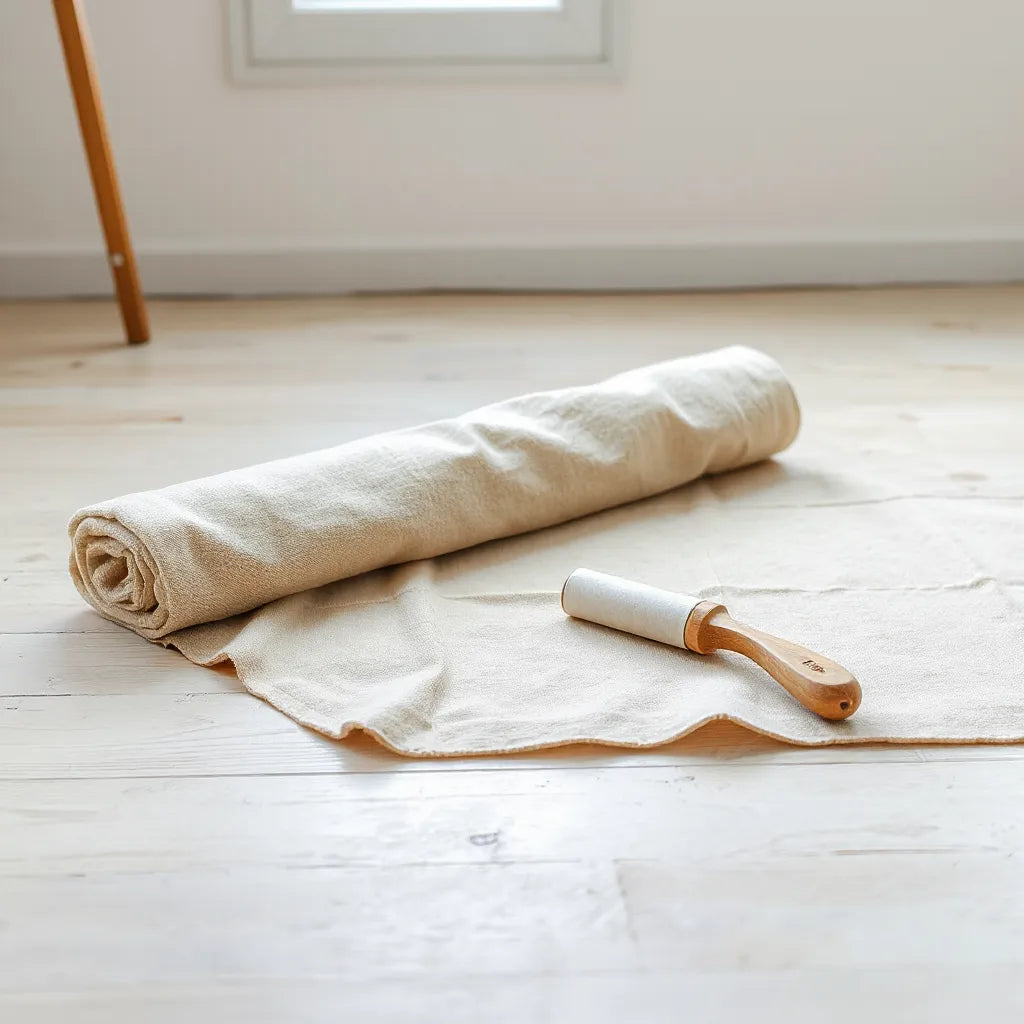 Eco-friendly drop cloth laid on a wood floor beside painting supplies in a bright workshop