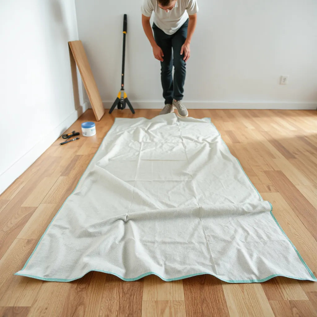 Water resistant drop cloths taped over a hardwood floor to protect from spills during renovation