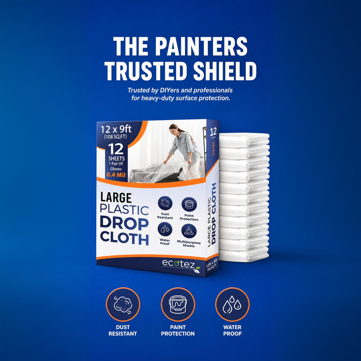 Pack 12  Extra Large Plastic Drop Cloth for Painting | Light & Durable Tarp Cover for Furniture Plastic Clear Tarp Waterproof - Paint Floor Covering - Painters Drop Cloth Sheeting