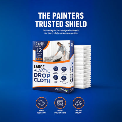 Pack 12  Extra Large Plastic Drop Cloth for Painting | Light & Durable Tarp Cover for Furniture Plastic Clear Tarp Waterproof - Paint Floor Covering - Painters Drop Cloth Sheeting