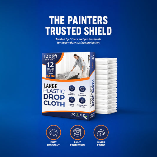 Pack 12  Extra Large Plastic Drop Cloth for Painting | Light & Durable Tarp Cover for Furniture Plastic Clear Tarp Waterproof - Paint Floor Covering - Painters Drop Cloth Sheeting