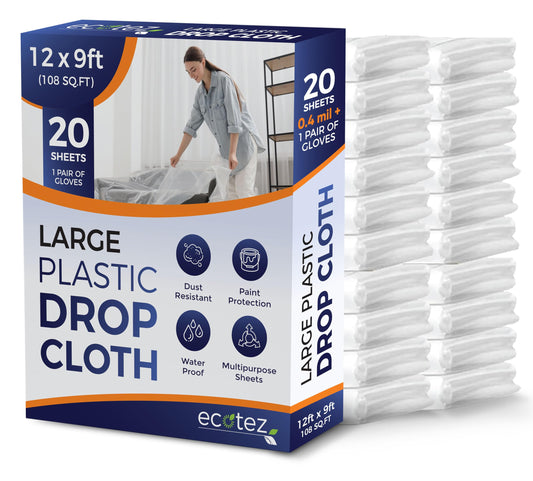 Ecotez 20 Pack 12 x 9 ft Extra Large Plastic Drop Cloth for Painting - Light & Durable Tarp Cover for Furniture - Plastic Clear Tarp Waterproof - Paint Floor Covering - Painters Drop Cloth Sheeting
