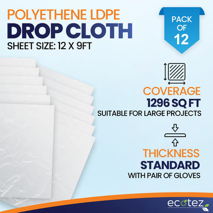 6 Pack 12 x 9 ft Extra Large Painter's Drop Cloth - Light & Durable Dust Cover - Clear Plastic Sheet - Paint Drop Cloth - Plastic Floor Protector