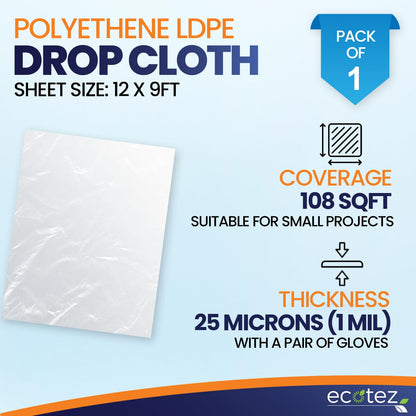6 Pack 12 x 9 ft Extra Large Painter's Drop Cloth - Light & Durable Dust Cover - Clear Plastic Sheet - Paint Drop Cloth - Plastic Floor Protector