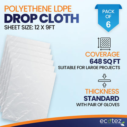 Ecotez Extra Large Painter's Drop Cloth - 12 x 9 ft Clear Plastic Sheet - Paint Drop Cloth & Floor Protector - Pack 6