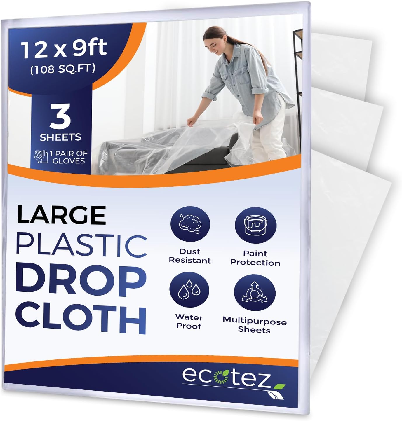 Pack 3  ft Extra Large Plastic Drop Cloth for Painting | Light & Durable Tarp Cover for Furniture Plastic Clear Tarp Waterproof - Paint Floor Covering - Painters Drop Cloth Sheeting