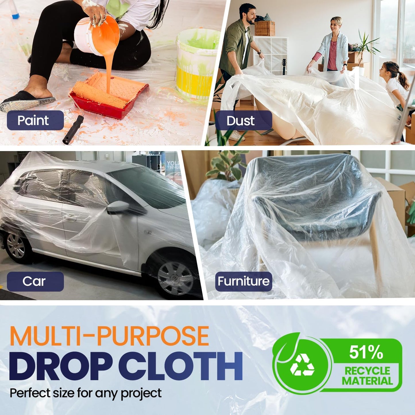 Pack 6 Extra Large Plastic Drop Cloth for Painting | Light & Durable Tarp Cover for Furniture Plastic Clear Tarp Waterproof - Paint Floor Covering - Painters Drop Cloth Sheeting