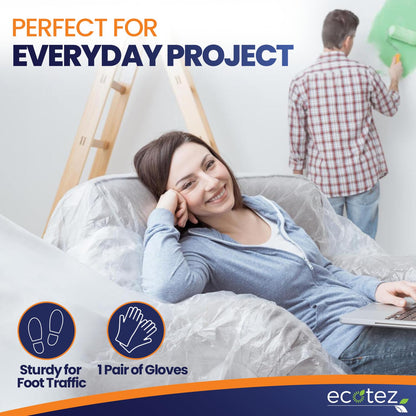 Ecotez Extra Large Painter's Drop Cloth - 12 x 9 ft Clear Plastic Sheet - Paint Drop Cloth & Floor Protector - Pack 6