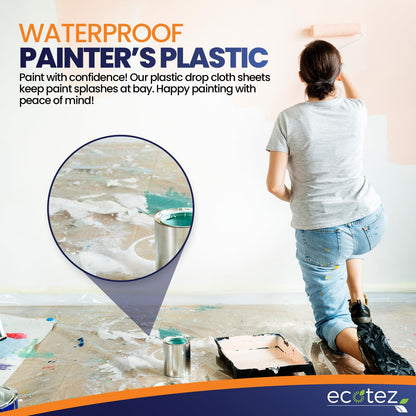 Ecotez Extra Large Painter's Drop Cloth - 12 x 9 ft Clear Plastic Sheet - Paint Drop Cloth & Floor Protector - Pack 6