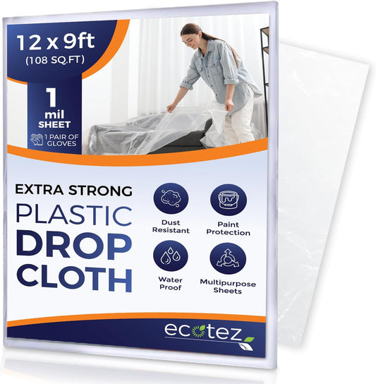 1 Pack 12 x 9 ft Extra Large Plastic Drop Cloth for Painting | Light & Durable Tarp Cover for Furniture Plastic Clear Tarp Waterproof - Paint Floor Covering - Painters Drop Cloth Sheeting