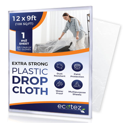 6 Pack 12 x 9 ft Extra Large Painter's Drop Cloth - Light & Durable Dust Cover - Clear Plastic Sheet - Paint Drop Cloth - Plastic Floor Protector