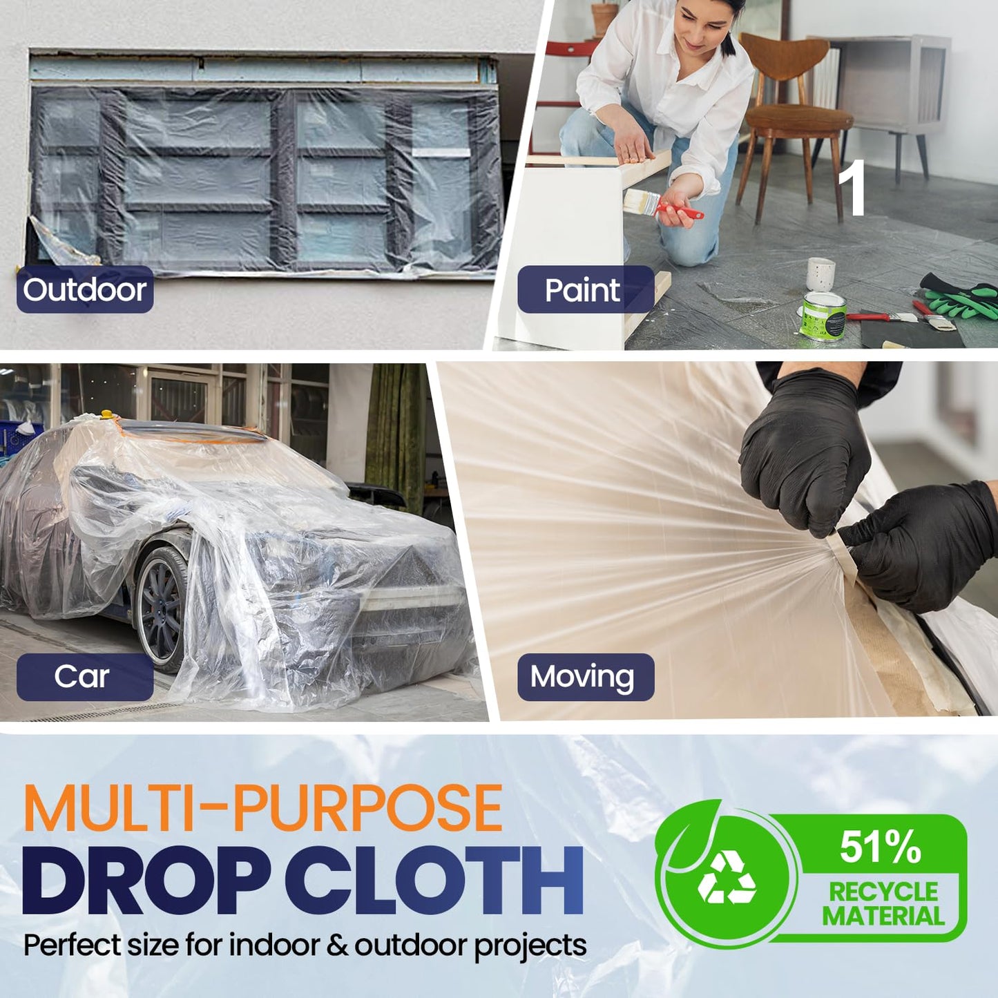 6 Pack 12 x 9 ft Extra Large Painter's Drop Cloth - Light & Durable Dust Cover - Clear Plastic Sheet - Paint Drop Cloth - Plastic Floor Protector