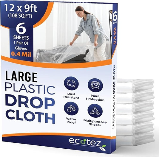 Ecotez Extra Large Painter's Drop Cloth - 12 x 9 ft Clear Plastic Sheet - Paint Drop Cloth & Floor Protector - Pack 6