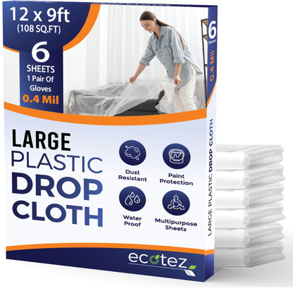 6 Pack 12 x 9 ft Extra Large Painter's Drop Cloth - Light & Durable Dust Cover - Clear Plastic Sheet - Paint Drop Cloth - Plastic Floor Protector