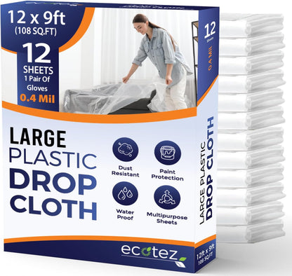 Pack 12  Extra Large Plastic Drop Cloth for Painting | Light & Durable Tarp Cover for Furniture Plastic Clear Tarp Waterproof - Paint Floor Covering - Painters Drop Cloth Sheeting
