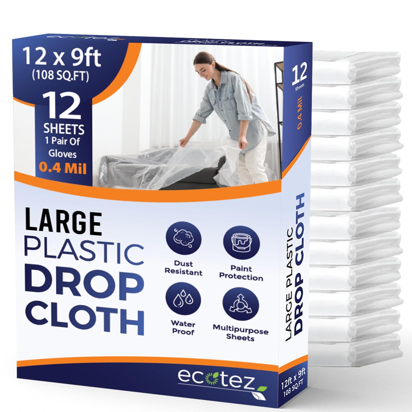 6 Pack 12 x 9 ft Extra Large Painter's Drop Cloth - Light & Durable Dust Cover - Clear Plastic Sheet - Paint Drop Cloth - Plastic Floor Protector