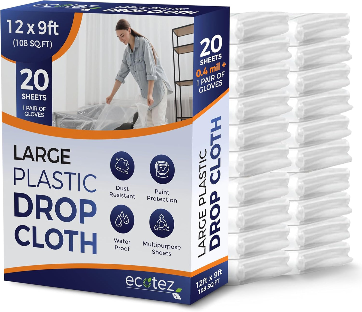 Pack 20 Extra Large Plastic Drop Cloth for Painting | Light & Durable Tarp Cover for Furniture Plastic Clear Tarp Waterproof - Paint Floor Covering - Painters Drop Cloth Sheeting