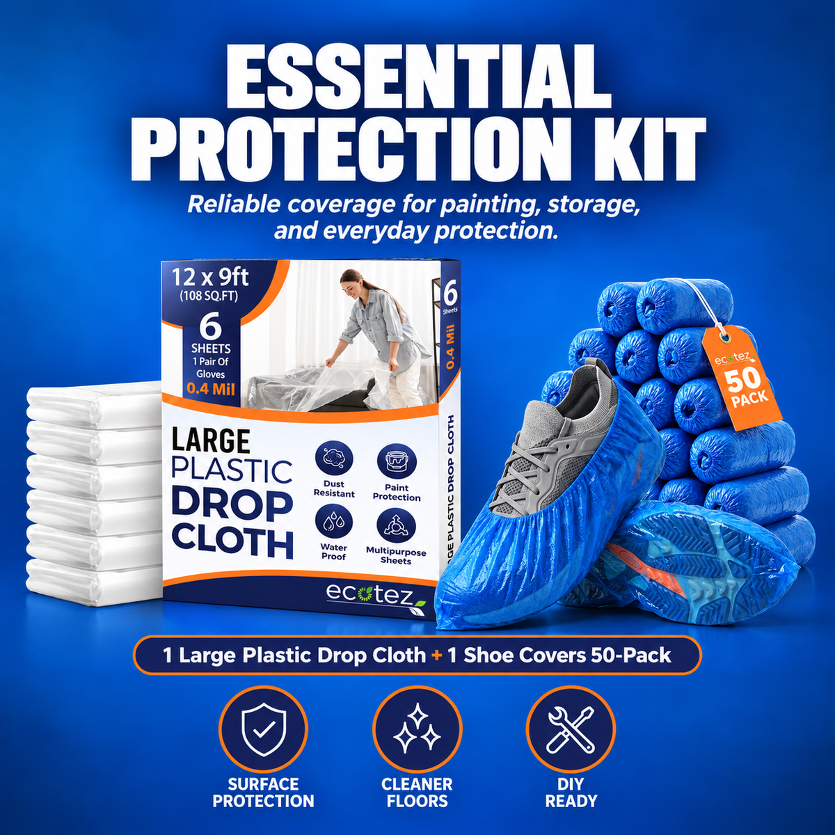 Essential Protection Drop Cloth (6 Sheets) Shoe Covers (50 Pack)
