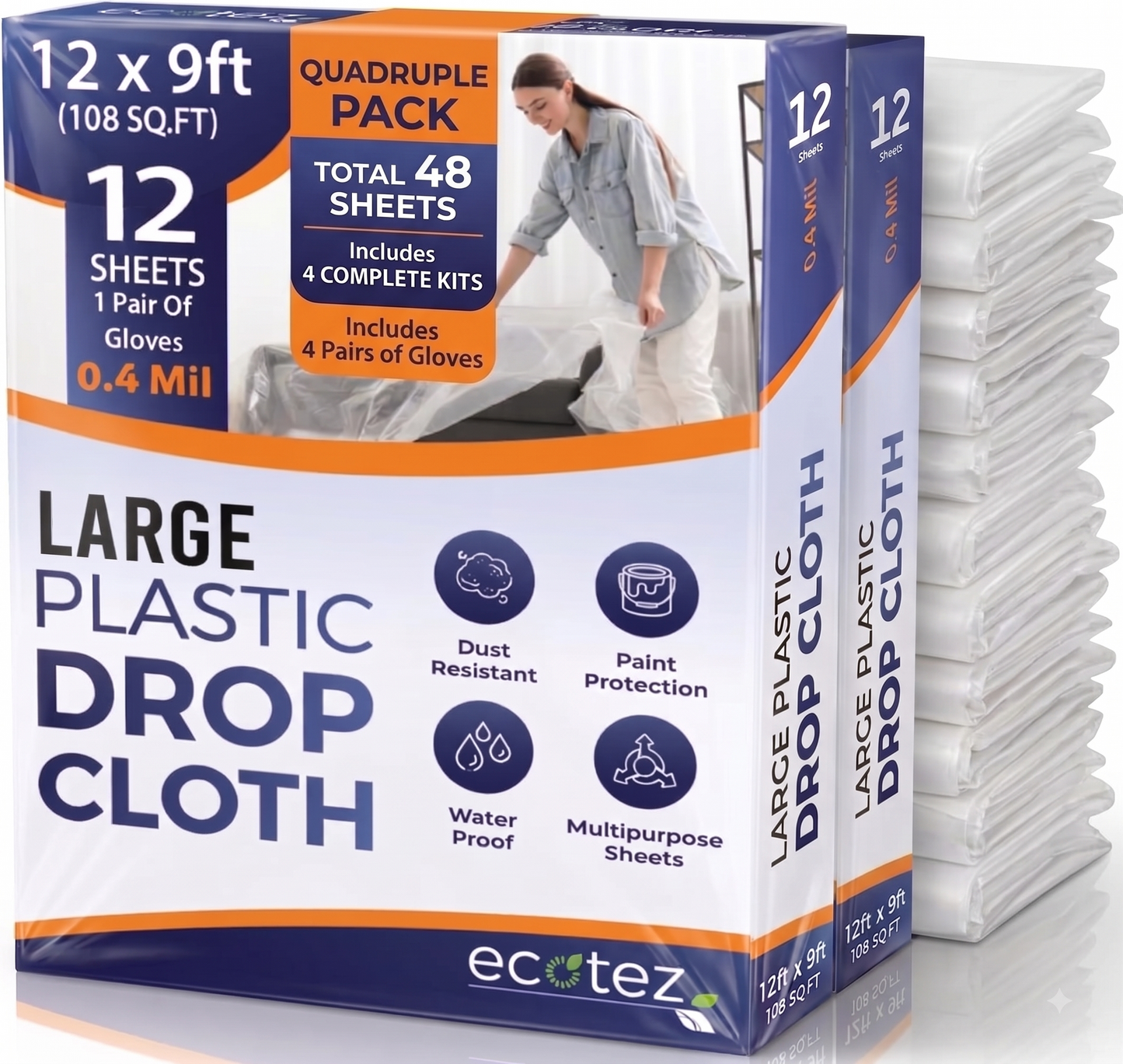 Pack 12  Extra Large Plastic Drop Cloth for Painting | Light & Durable Tarp Cover for Furniture Plastic Clear Tarp Waterproof - Paint Floor Covering - Painters Drop Cloth Sheeting