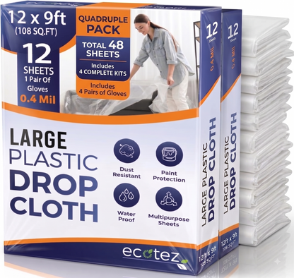 Pack 12  Extra Large Plastic Drop Cloth for Painting | Light & Durable Tarp Cover for Furniture Plastic Clear Tarp Waterproof - Paint Floor Covering - Painters Drop Cloth Sheeting