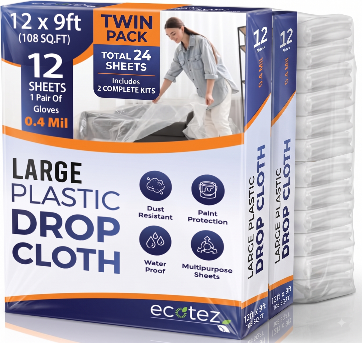 Pack 12  Extra Large Plastic Drop Cloth for Painting | Light & Durable Tarp Cover for Furniture Plastic Clear Tarp Waterproof - Paint Floor Covering - Painters Drop Cloth Sheeting