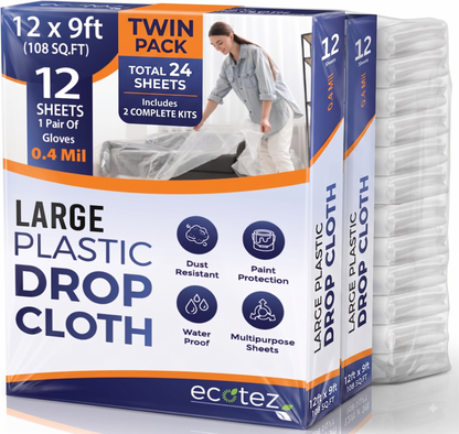 Pack 12  Extra Large Plastic Drop Cloth for Painting | Light & Durable Tarp Cover for Furniture Plastic Clear Tarp Waterproof - Paint Floor Covering - Painters Drop Cloth Sheeting