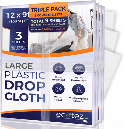 Pack 3  ft Extra Large Plastic Drop Cloth for Painting | Light & Durable Tarp Cover for Furniture Plastic Clear Tarp Waterproof - Paint Floor Covering - Painters Drop Cloth Sheeting