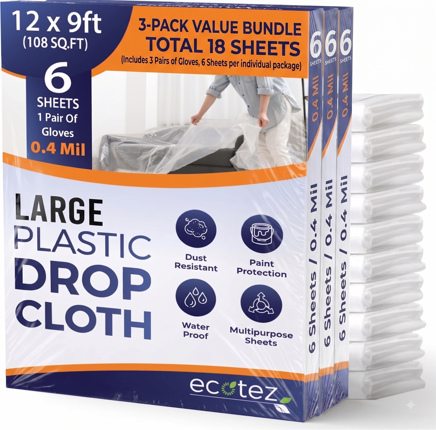 Pack 6 Extra Large Plastic Drop Cloth for Painting | Light & Durable Tarp Cover for Furniture Plastic Clear Tarp Waterproof - Paint Floor Covering - Painters Drop Cloth Sheeting