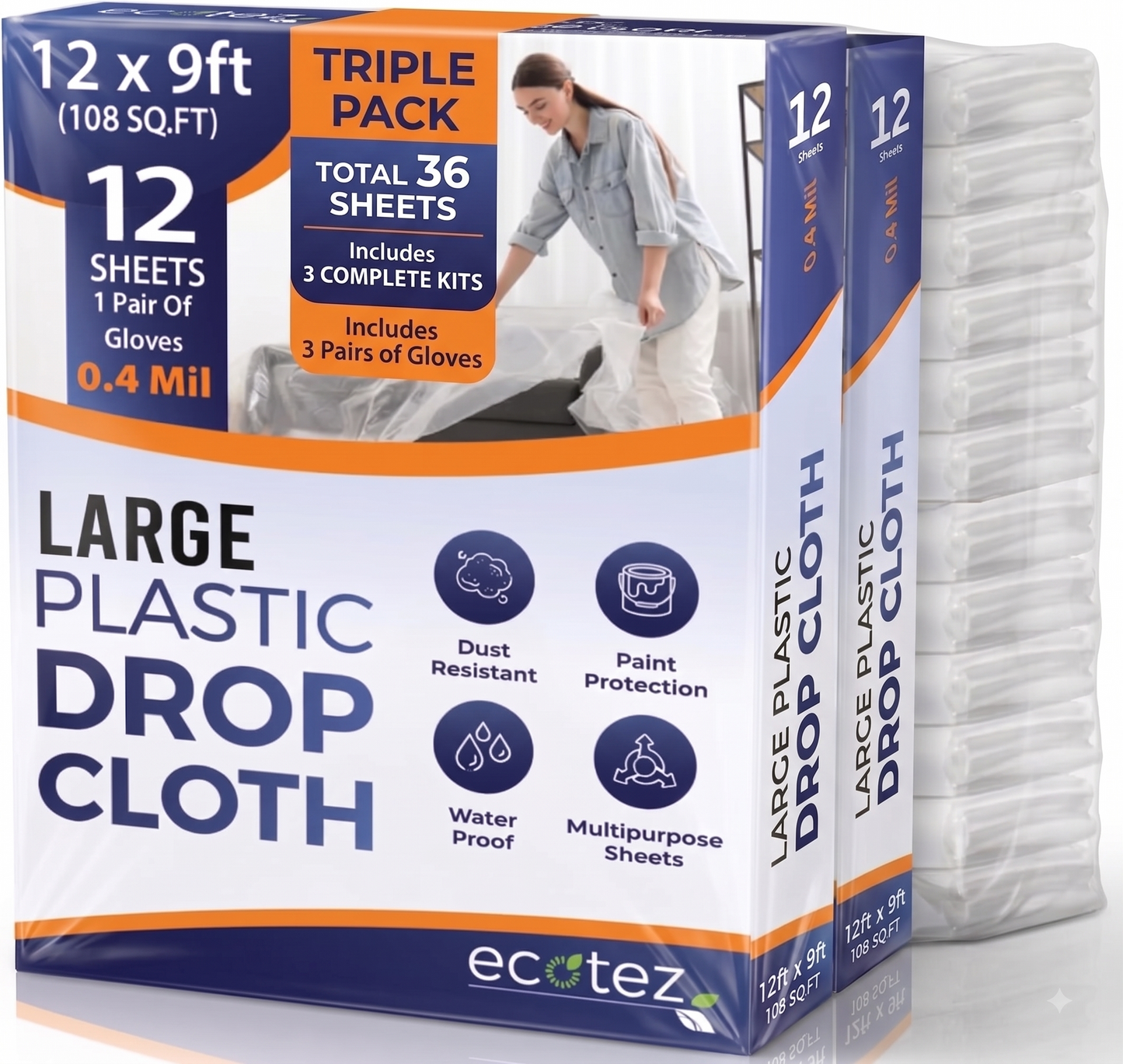 Pack 12  Extra Large Plastic Drop Cloth for Painting | Light & Durable Tarp Cover for Furniture Plastic Clear Tarp Waterproof - Paint Floor Covering - Painters Drop Cloth Sheeting