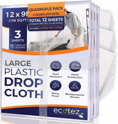 Pack 3  ft Extra Large Plastic Drop Cloth for Painting | Light & Durable Tarp Cover for Furniture Plastic Clear Tarp Waterproof - Paint Floor Covering - Painters Drop Cloth Sheeting