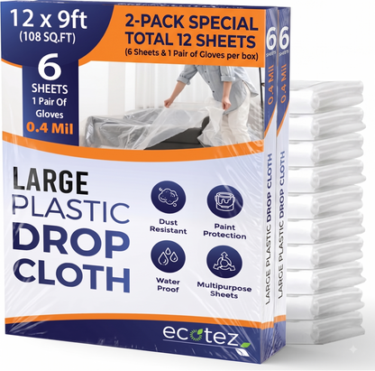 Pack 6 Extra Large Plastic Drop Cloth for Painting | Light & Durable Tarp Cover for Furniture Plastic Clear Tarp Waterproof - Paint Floor Covering - Painters Drop Cloth Sheeting