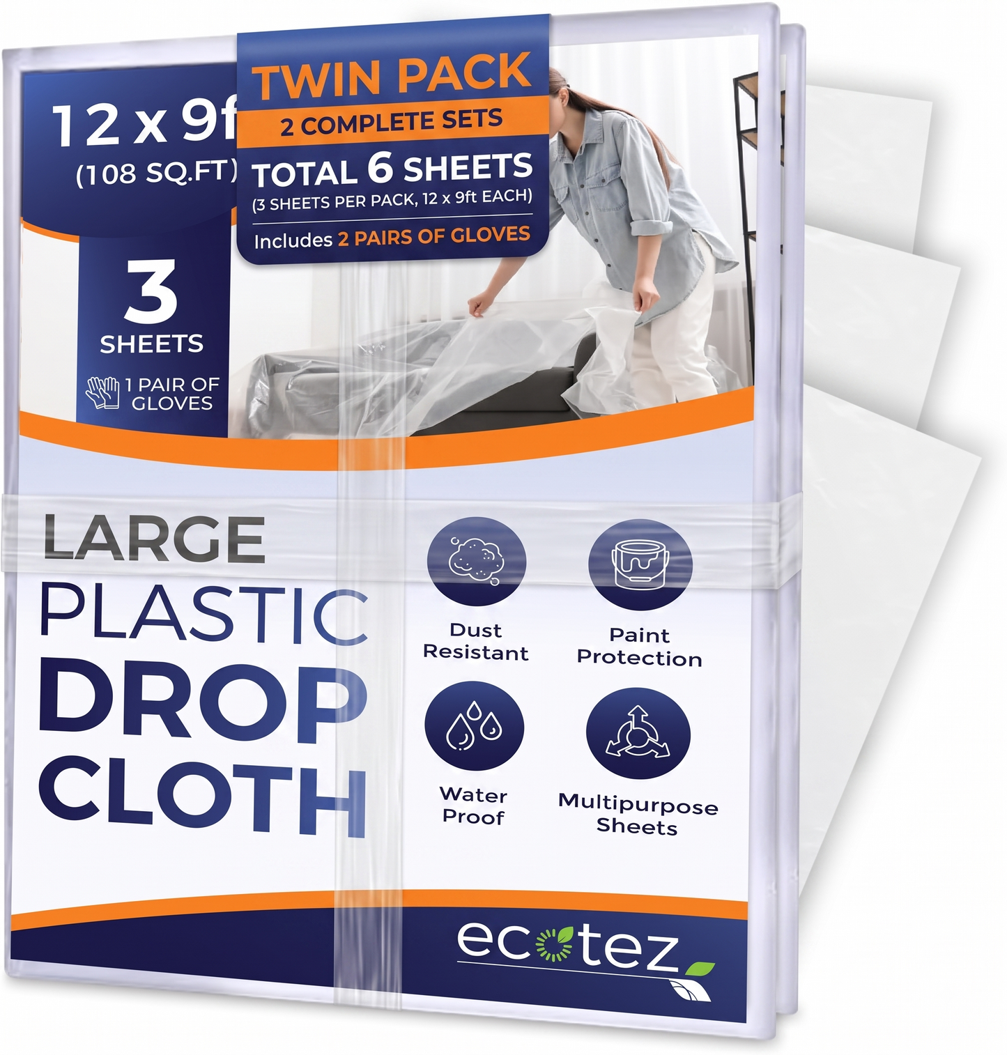 Pack 3  ft Extra Large Plastic Drop Cloth for Painting | Light & Durable Tarp Cover for Furniture Plastic Clear Tarp Waterproof - Paint Floor Covering - Painters Drop Cloth Sheeting