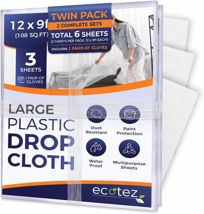 Pack 3  ft Extra Large Plastic Drop Cloth for Painting | Light & Durable Tarp Cover for Furniture Plastic Clear Tarp Waterproof - Paint Floor Covering - Painters Drop Cloth Sheeting