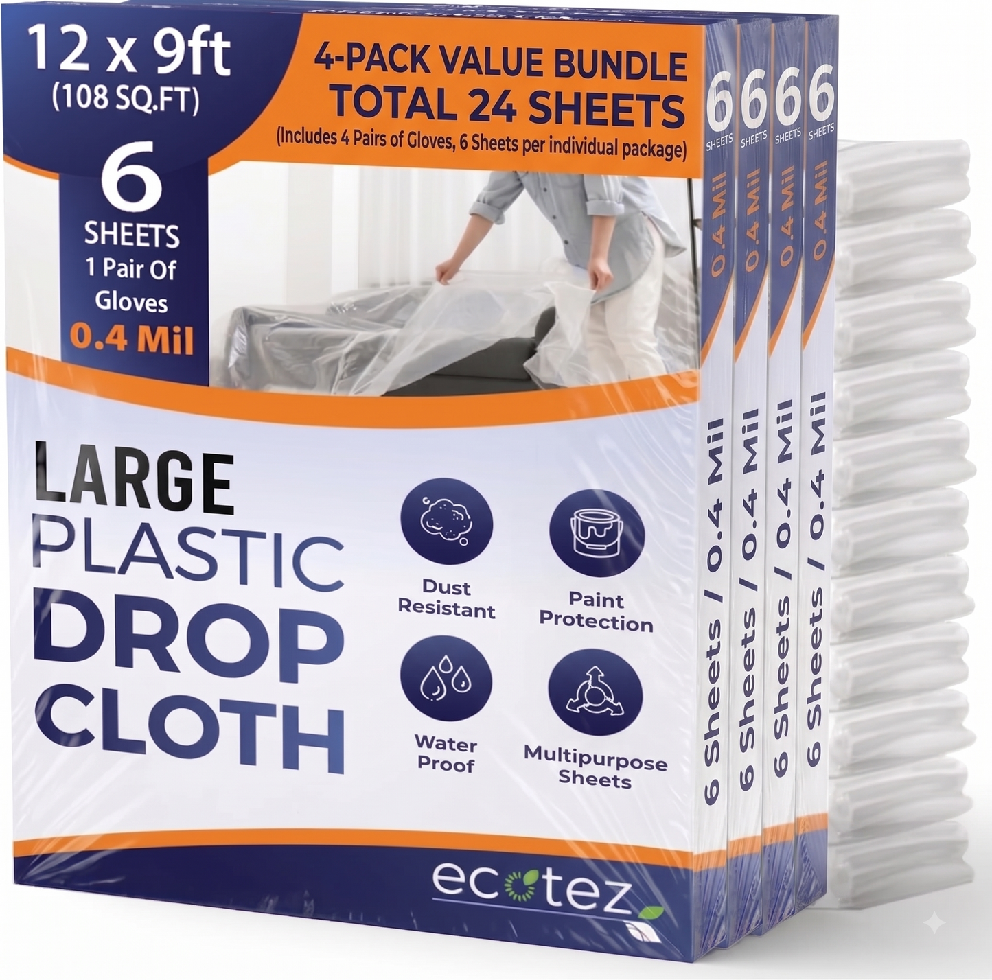 Pack 6 Extra Large Plastic Drop Cloth for Painting | Light & Durable Tarp Cover for Furniture Plastic Clear Tarp Waterproof - Paint Floor Covering - Painters Drop Cloth Sheeting