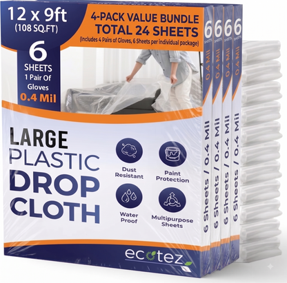Pack 6 Extra Large Plastic Drop Cloth for Painting | Light & Durable Tarp Cover for Furniture Plastic Clear Tarp Waterproof - Paint Floor Covering - Painters Drop Cloth Sheeting