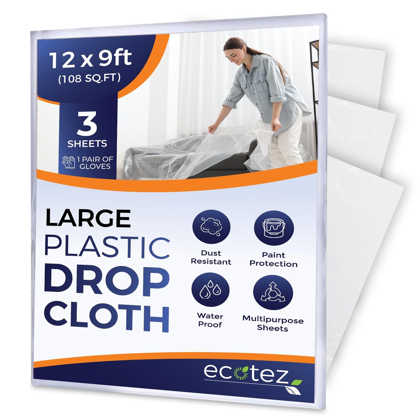 Ecotez 3 Pack 12 x 9 ft Extra Large Plastic Drop Cloth for Painting - Light & Durable Tarp Cover for Furniture - Plastic Clear Tarp Waterproof - Paint Floor Covering - Painters Drop Cloth Sheeting Ecotez