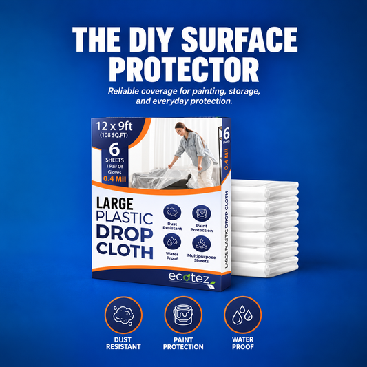 Pack 6 Extra Large Plastic Drop Cloth for Painting | Light & Durable Tarp Cover for Furniture Plastic Clear Tarp Waterproof - Paint Floor Covering - Painters Drop Cloth Sheeting